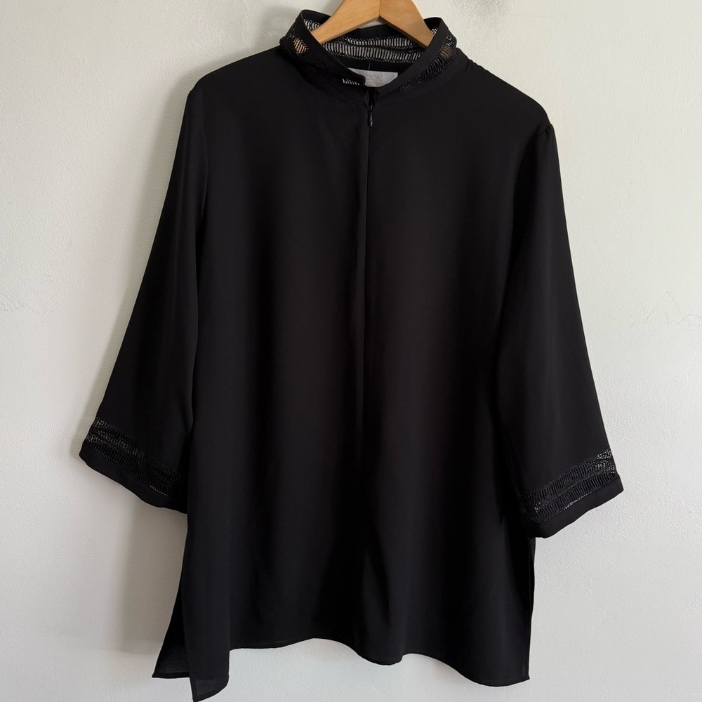 Misook Slope Shoulder High Neck Elegant Black Front Zip Closure Top